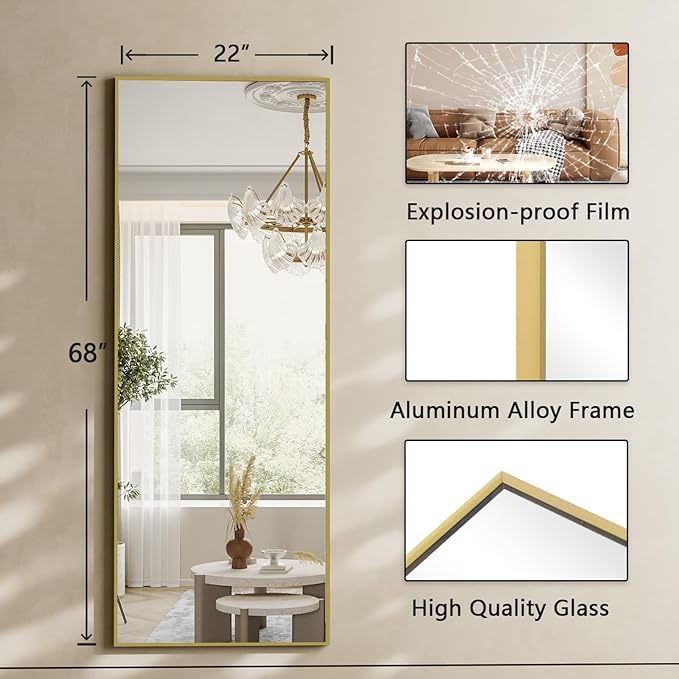 Koonmi 68"x22" Floor Mirror Full Length, Bedroom Floor Body Mirror with Stand, Gold Mirror, Leaning, Standing or Hanging Horizontally/Vertically