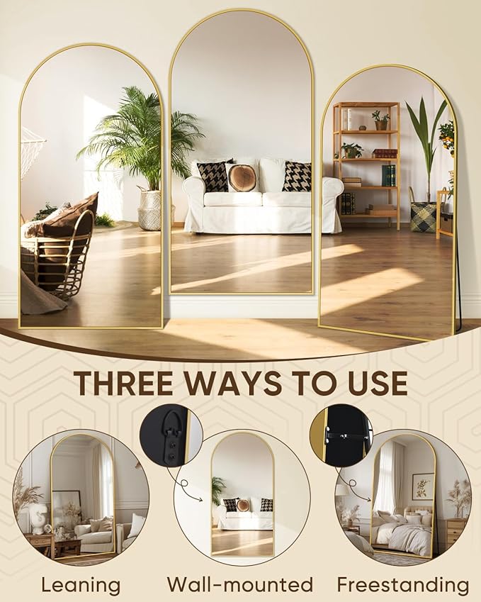 Antok Full Length Mirror, 78"x38" Floor Mirror with Stand, Hanging Mounted Mirrors for Bedroom, Living Room, Cloakroom, Dining Room, Gold, Arched