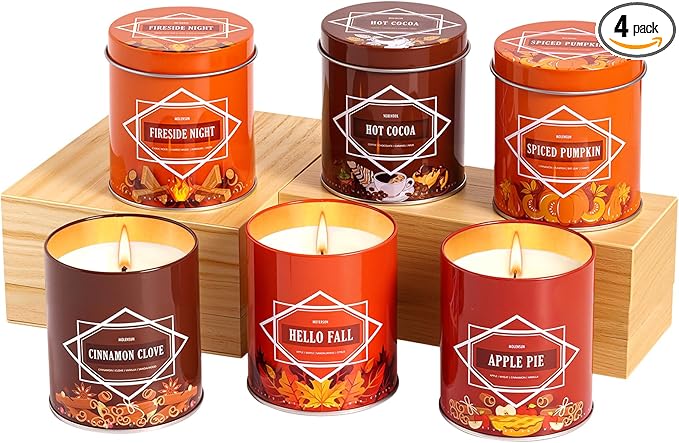 Fall Scented Candles Gift Set – 6 Pack of 9Oz Soy Candles, Autumn Fragrances (Pumpkin Spice, Apple Pie, Hello Fall, Cinnamon Clove, Autumn Hearthglow, Hot Cocoa), Holiday Gifts for Women & Men