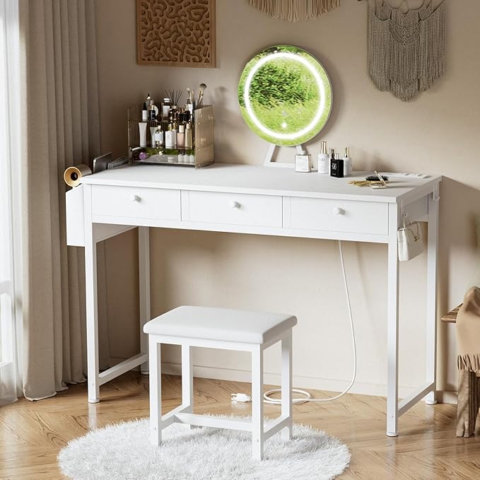 White Makeup Vanity Desk with Mirror and Lights Big Vanitys Set with Chair, Drawers and Power Outlet, Dressing Table Vanities for Girls Bedroom 47“