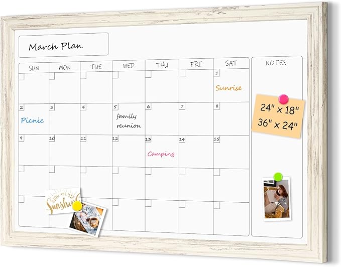 4 THOUGHT Whiteboard Calendar 36" x 24" Magnetic Dry Erase Board Wood Frame Wall-Mounted Monthly Planner White Board Decorative Notice Board for Office School Home, White Vintage