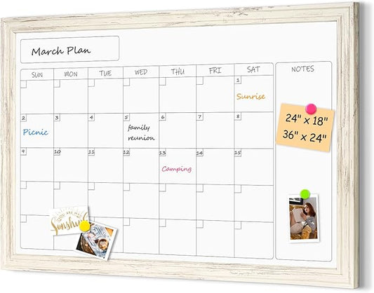 4 THOUGHT Whiteboard Calendar 36" x 24" Magnetic Dry Erase Board Wood Frame Wall-Mounted Monthly Planner White Board Decorative Notice Board for Office School Home, White Vintage