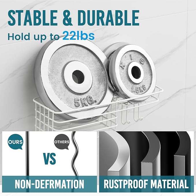 TAILI Shower Caddy Suction Cup with Hooks & Soap Holder, Heavy Duty Bathroom Shower Organizer, No Drilling Shelves for Inside Bathroom, Metal Black Storage Basket-White