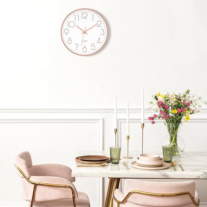Foxtop 14 Inch Large Silent Non-Ticking Rose Gold Wall Clock Battery Operated Round Quartz Modern Wall Clock Decorative for Living Room Bedroom Kitchen Home Office