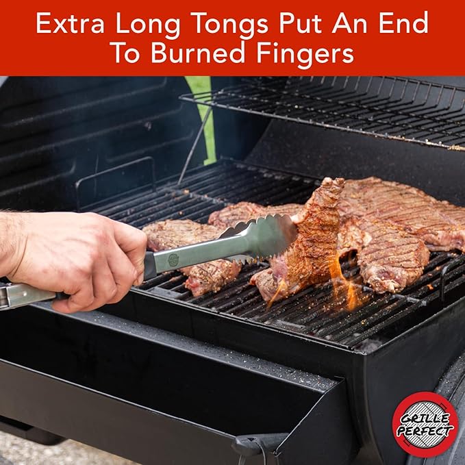 Grill Tongs 16-Inch Extra Long Heavy Duty for Grilling and Barbecue Heat Resistant Hand Grips Stainless Steel for BBQ Outdoor Kitchen and Cooking Hot Grilled Food