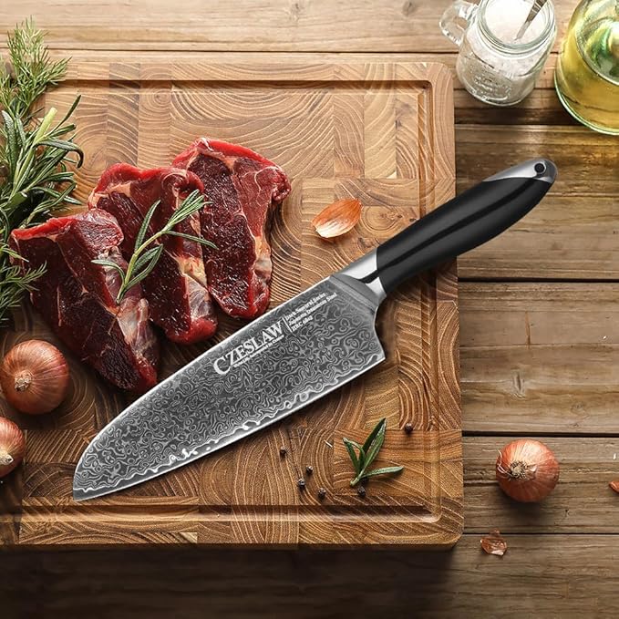 Chef's Knife, 7” Japanese Damascus Chefs Knife, Classic Light Kitchen Knife, Hand Forged Black Japanese chef knife, Professional Sharp Cooking Knife, Full Tang & Ergonomic ABS Handle Design