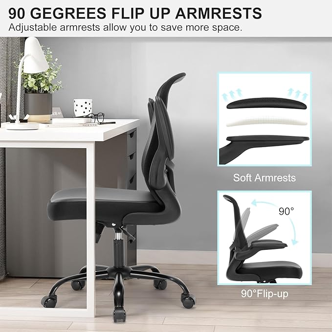 Office Chair, Ergonomic Desk Chair with Flip-up Armrests, PU Leather Computer Chair Home Office Desk Chairs with Lumbar Support, Mesh Swivel Executive Chair Rolling Task Chair, Black
