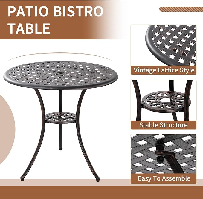 Bronze Patio Bistro Set - 3 Piece Outdoor Cast Aluminum Furniture, Large Table & Chairs, Weather Resistant, Adjustable Foot Pads, Umbrella Hole