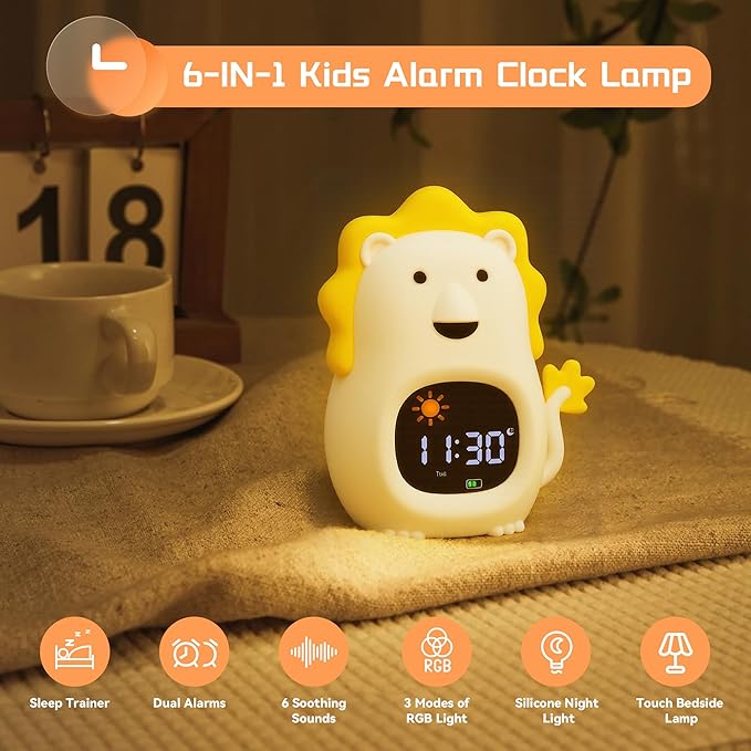 Kids Alarm Clock,Soft White Noise Sleep Trainer,Bedroom Kid Night Light Clock, Kid Wake-up Clock with Snooze Function,Bedtime Companion for Independent Sleep (Lion)
