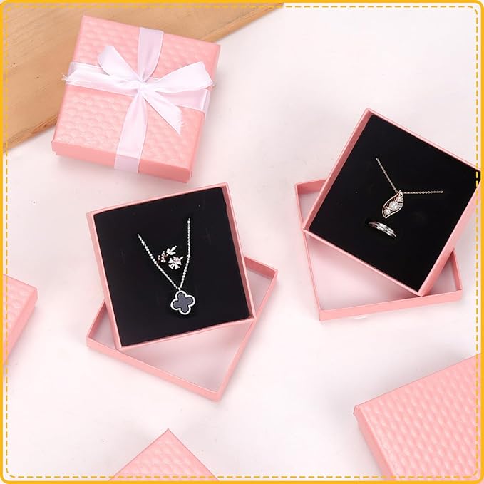 Glarks 12pcs Pink 9 x 9 x 3CM Jewelry Gift Boxes with Pink Scissors and 1.5 x 225CM White Polyester Ribbon Set, Diamond Pattern Necklace Earring Bracelet Boxes Gift Case Ideal
