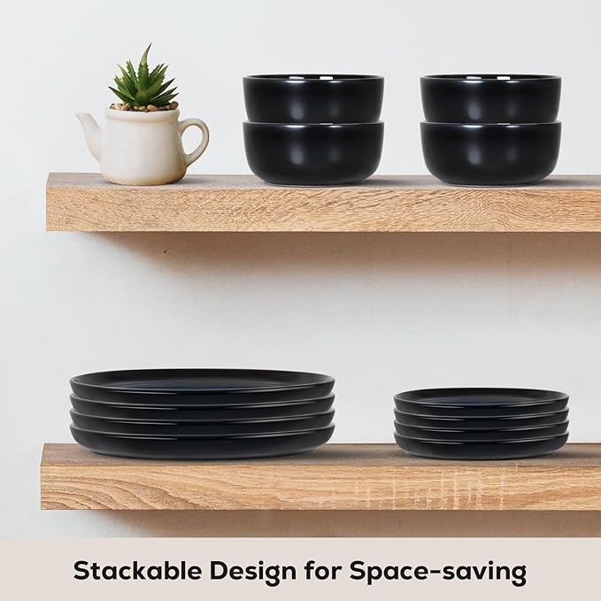 Romswi Dinnerware Set for 4, 16Pcs Stoneware Plates and Bowls Sets with Mugs, Chip & Scratch Resistant Dish Set, Handmade Reactive Glaze, Oven,Microwave and Dishwasher Safe, Dreamy Moonlight-Blue