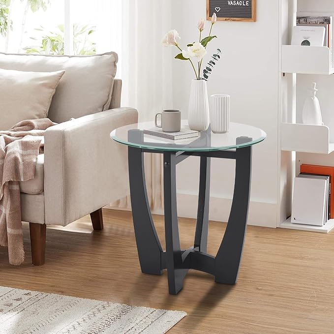 Glass End Table, 23.5" Round Side Tables with Tempered Glass Top Cross and Solid Wood Base Small Night Stand for Living Room Office Apartment Black
