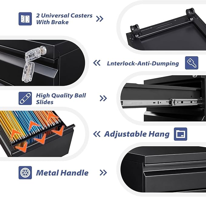 3 Drawer File Cabinet with Lock,Mobile Filing Cabinets,Metal Small Rolling File Cabinet,Drawers for Under Desk for Legal/Letter/A4 File, Assembly Required,Black