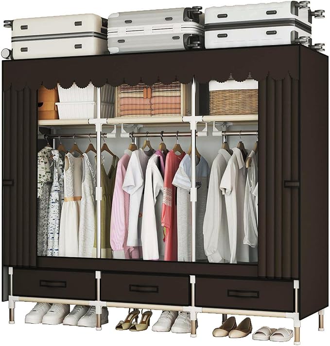 Portable Wardrobe Closet Durable and Easy to Assemble Heavy Duty Clothes Rack with Non-Woven Cover Fabric Best for Bedroom and Easy Storage and Organization (Brown-A)