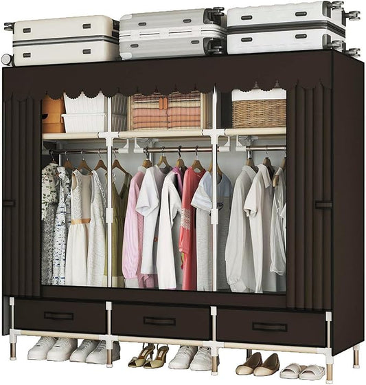 Portable Wardrobe Closet Durable and Easy to Assemble Heavy Duty Clothes Rack with Non-Woven Cover Fabric Best for Bedroom and Easy Storage and Organization (Brown-A)