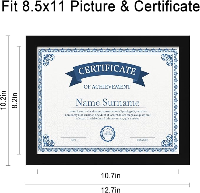 8.5x11 Picture Frame Set of 4, Black Certificate Frame with Real Glass, Photo Frames 8.5 by 11 Diploma Document for Wall Hanging and Tabletop Display