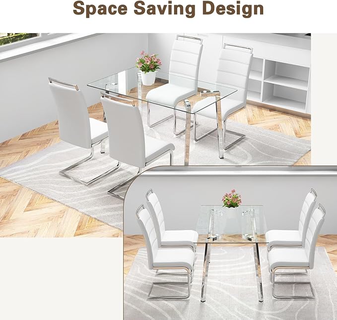 51“ Small Glass Dining Table Set for 4,0.31”Thick Tempered Glass Table Top with 4 Chrome Plate Metal Legs,4 PU Leather Dining Chairs,Modern Kitchen Dinner Room Table Set,for Kitchen Room