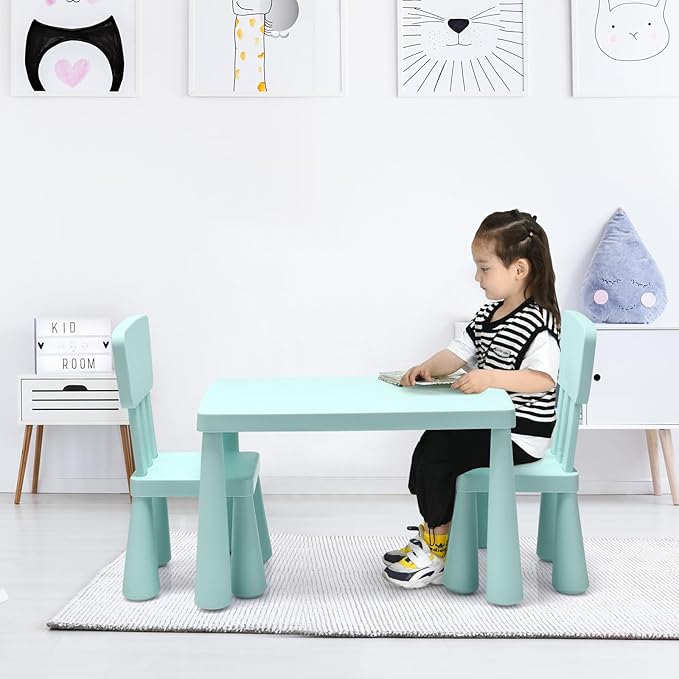LDAILY Kids Table and Chairs, 3-Piece Children Arts Nursery Furniture for Drawing, Reading, and Painting, Light Weight Plastic Activity Kids Desk and Chair Set for Playroom, Kindergarten (Green)