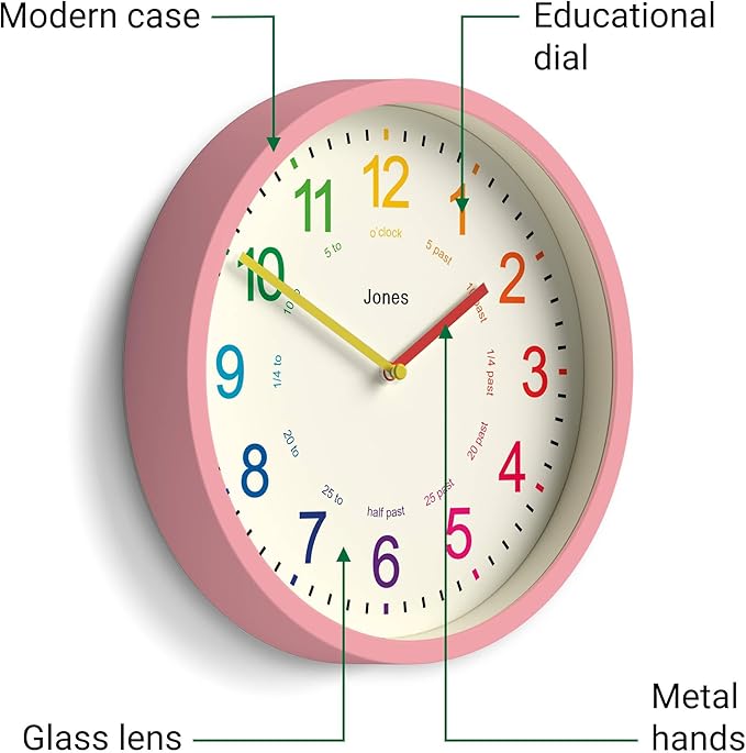 JONES CLOCKS® Kids Wall Clock | Small Modern Children’s Clock | 10 inch | Pink | Colourful Numbers | Learn to Tell The time