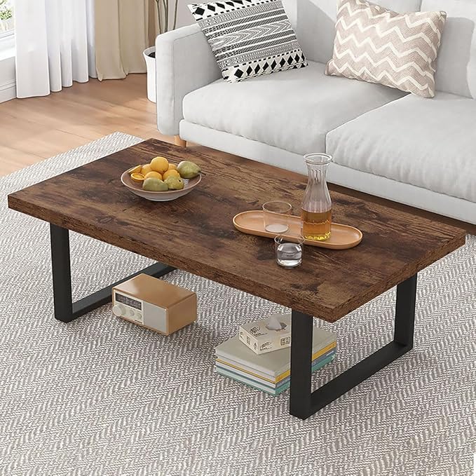 IBF Rustic Living Room Table, Simple Industrial Rectangle Coffee Table, Modern Minimalist Farmhouse Wooden Center Table, Wood and Metal Vintage Coffee Table for Bedroom Office, Rustic Brown, 47 Inch