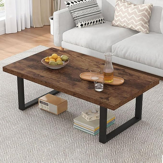 IBF Rustic Living Room Table, Simple Industrial Rectangle Coffee Table, Modern Minimalist Farmhouse Wooden Center Table, Wood and Metal Vintage Coffee Table for Bedroom Office, Rustic Brown, 47 Inch