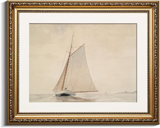 VIYYIEA Gold Framed Wall Art Canvas Print Home Decor for Living Room White Sailboat Seascape Watercolor Vintage Beach Painting on Canvas - Coastal Wall Art Prints for Bedroom Office Bathroom 13x16in