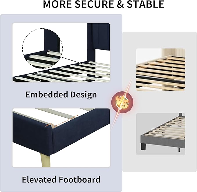 King Size Upholstered Platform Bed Frame with Modern Wingback & Vertical Panel Headboard, Linen Fabric, Wooden Legs & Slats Support, No Box Spring Needed, Noise-Free & Easy Assembly, Dark Blue