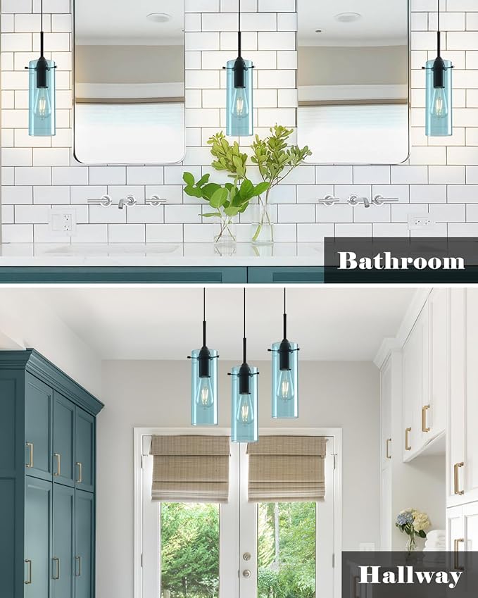 Blue Pendant Lights Kitchen Island 3 Packs, Blown Glass Pendant Light, Modern Glass Kitchen Pendant Light, Hanging Pendant Lights, Island Pendant Lights for Kitchen, Dining Living Bathroom