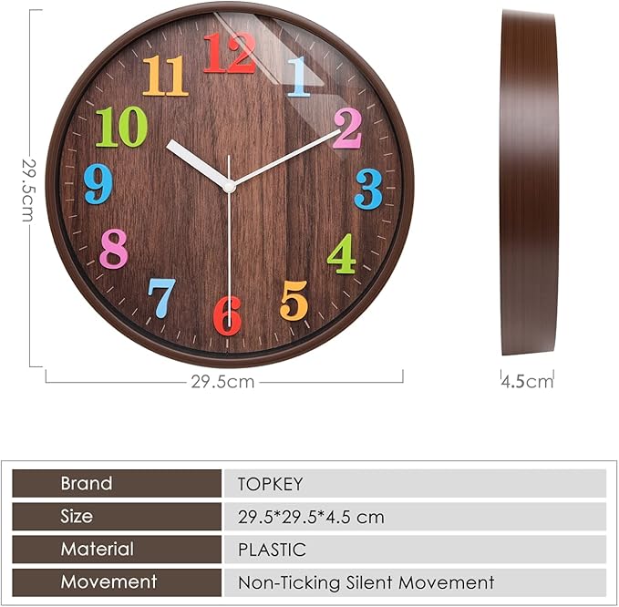 Topkey 12”Silent Round Wall Clock for Children Non-Ticking Colorful Arabic Numerals Easy Read Clock for Living Room, Bedroom,School and Nursery Battery Not Included - Brown