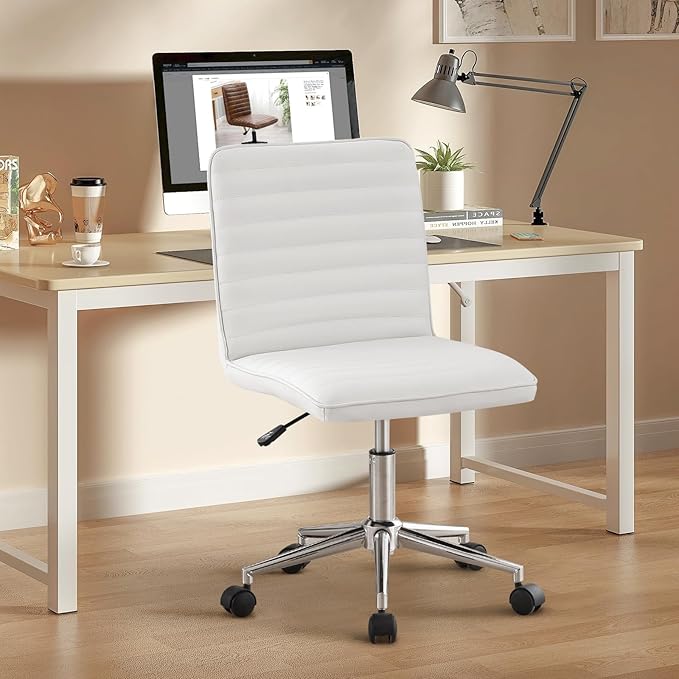 Furnimart Faux Leather Mid-Back Armless Office Desk Adjustable Task Chair Home Office Chair Small Swivel Chair Dorm Chair with Smooth Casters (PU White)