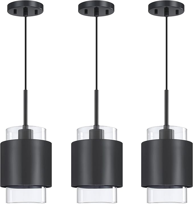 3 Pack 1 Light Hanging Kitchen Island Pendant Light 5.52" Drum Clear Glass Shade Indoor Pendant Ceiling Light Fixturess,Dark Gray Finish Modern Farmhouse Dinning Over Sink