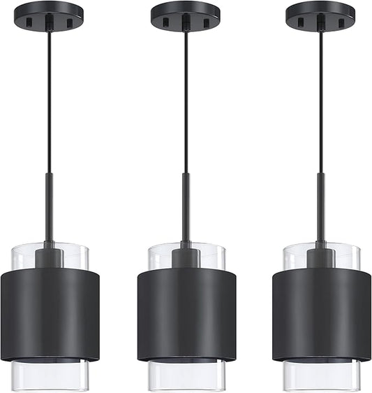 3 Pack 1 Light Hanging Kitchen Island Pendant Light 5.52" Drum Clear Glass Shade Indoor Pendant Ceiling Light Fixturess,Dark Gray Finish Modern Farmhouse Dinning Over Sink