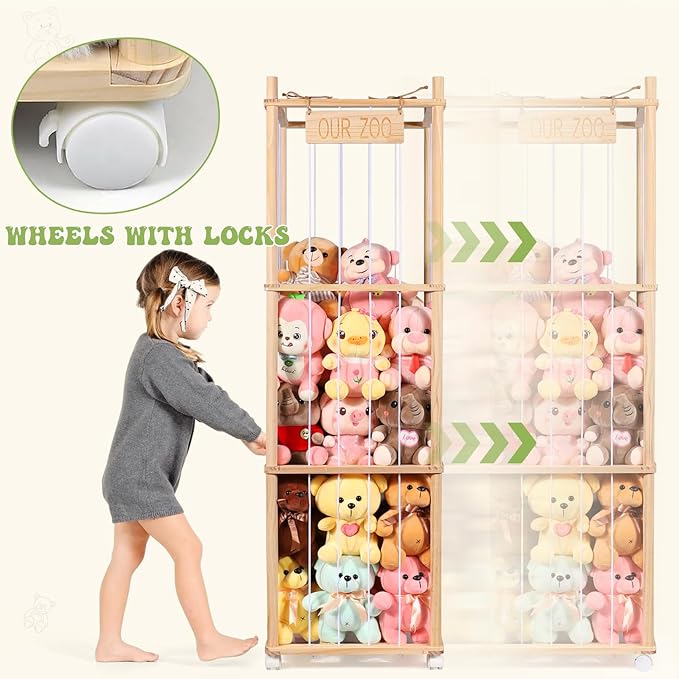 Stuffed Animal Storage & Organizer, Wooden Stuffed Animal Zoo, Large Toy Storage Organizer & Holder, Plush Toy Display Tower Shelf with Wheels for Toddler Rooms, Playrooms & Kids Bedrooms