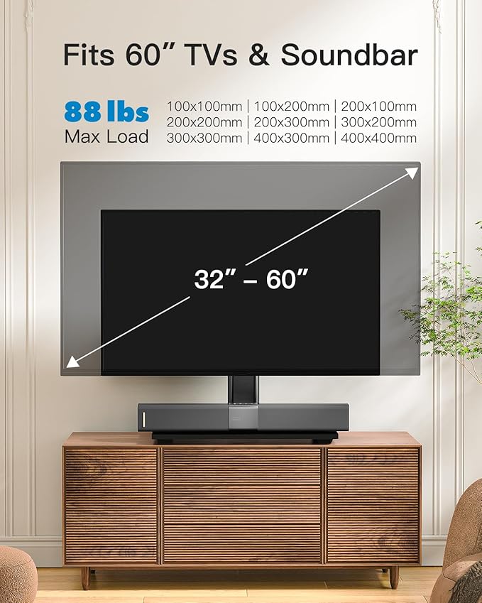PERLESMITH Universal TV Stand, Table Top TV Stand for 32-60 inch TVs & Monitors, Height Adjustable TV Mount Stand Holds up to 88 lbs with Tempered Glass Base & Wire Management, VESA 400x400mm PSTVS04