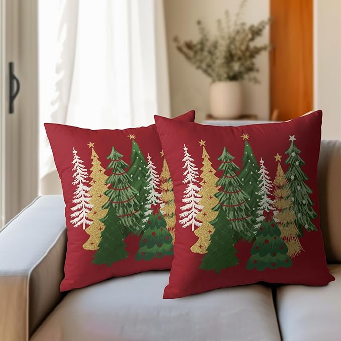 Kawani Christmas Red Decorative Pillow Covers 22x22 Inch Set of 2 Christmas Tree Outdoor Throw Pillow Covers Winter Xmas Holiday Pillowcases Cushion Covers for Home Couch Christmas Decor