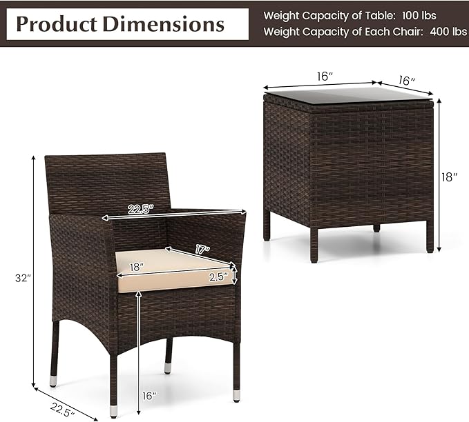 Tangkula 3 Pieces Patio Rattan Furniture Set, Outdoor Conversation Set with PE Wicker Armchairs, Tempered Glass Top Coffee Table, Soft Removable Cushions, for Porch Garden Yard Balcony (Beige)