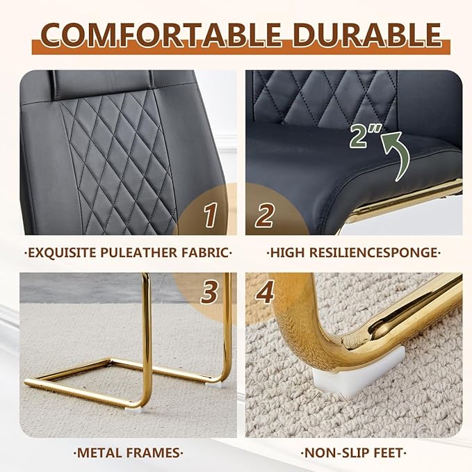 63'' Glass Dining Table Set for 6, Kitchen Table Chairs Set of 6, Clear Glass Dining Table with Black unique design Leg and Gold Metal Base, 6 PU Dining Chairs with Metal Legs, Living Room, Kitchen.