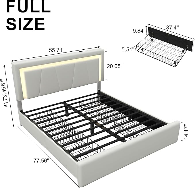 Full Size Bed Frame with 4 Storage Drawers and LED Lights, Upholstered Platform Bed with Adjustable Headboard and Charging Station, Metal Slats Support, No Box Spring Needed,Easy Assembly, White