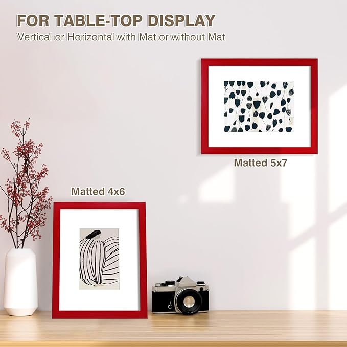 KINLINK 8x10 Picture Frames Red, Solid Wood Frames with Acrylic Plexiglass for Pictures 4x6/5x7 with Mat or 8x10 without Mat, Tabletop and Wall Display Photo Frame, Set of 4