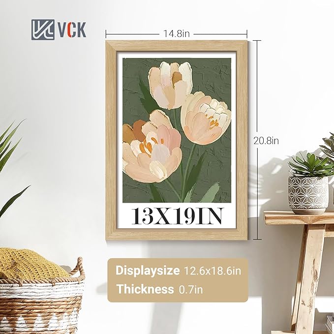 VCK 13x19 Picture Frame Set of 4 - Oak, Gallery-Quality Wood Poster Frames, 1.1-Inch Wide Border, Polished Plexiglass, Vertical or Horizontal Wall Display for Photo/Art/Prints, Natural Oak