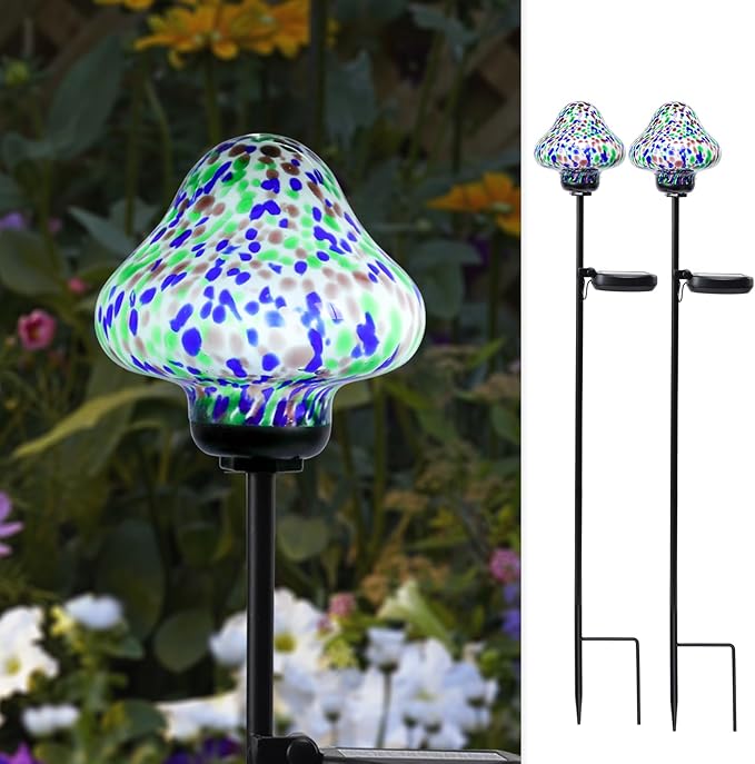 Bshine Mushroom Solar Outdoor Lights, Mosaic Mushroom Solar Lights Hand-Blown Glass Waterproof Metal Stakes Decorate Garden, Outdoor Yard Decor Backyard, Pathway, Porch and Lawn Ornaments 2 Pack