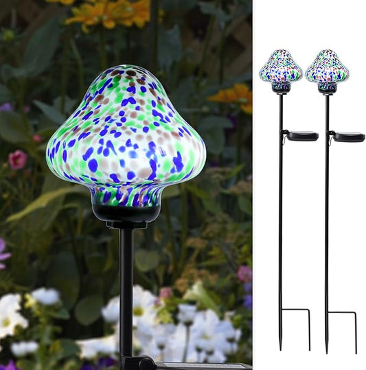 Bshine Mushroom Solar Outdoor Lights, Mosaic Mushroom Solar Lights Hand-Blown Glass Waterproof Metal Stakes Decorate Garden, Outdoor Yard Decor Backyard, Pathway, Porch and Lawn Ornaments 2 Pack
