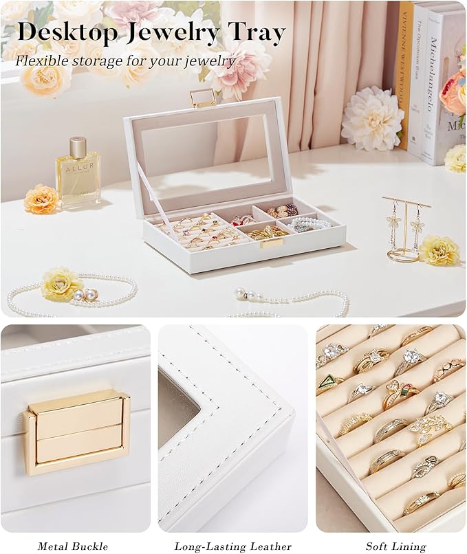 Homde Jewelry Tray Stackable Jewelry Box with Glass Lid, Removable Dividers for Vanity Table Gift Idea for Girls and Women (White)