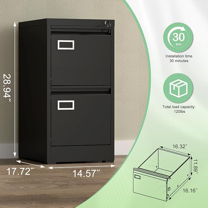 Filing Cabinet,2 Drawer File Cabinet with Lock,Small Filing Cabinets for Home Office,Letters/Legal/A4,Assembly Required,Black