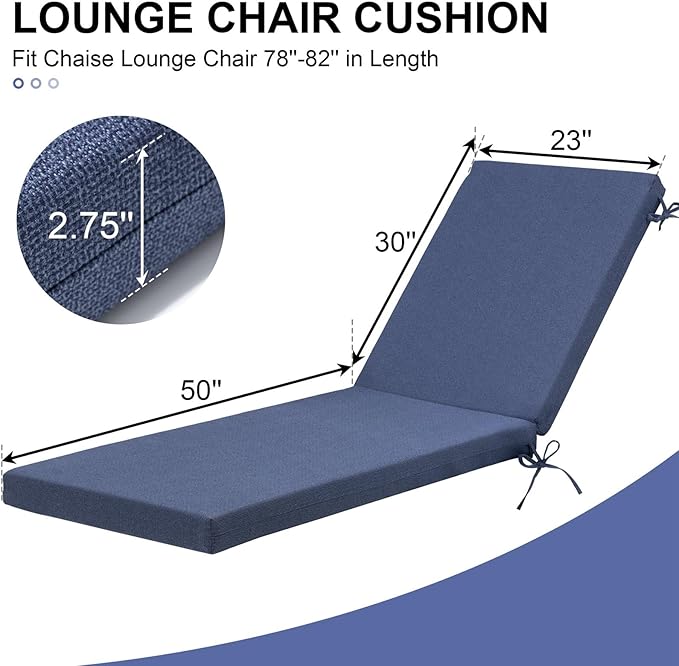 Crestlive Products Chaise Lounge Cushions Outdoor Set of 2, Lounge Chair Cushions for Patio Furniture, Waterproof Lounger Cushions for Pool, Deck, Lawn, 80''L x 23''W x 3''T, Sky Blue