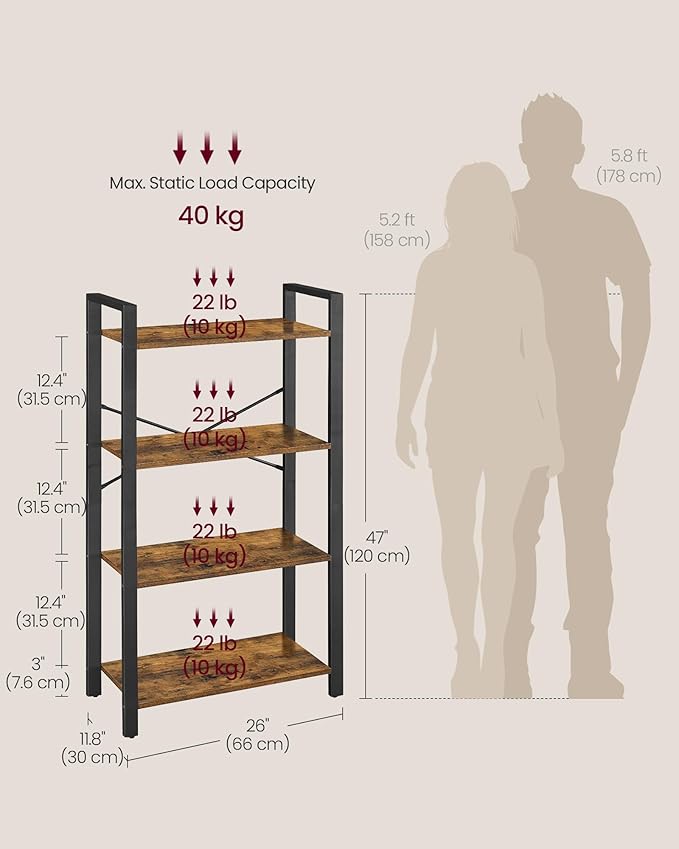 VASAGLE 4-Tier Bookshelf, Bookcase with Steel Frame, Book Shelf for Living Room, Home Office, Study, 11.8 x 26 x 47 Inches, Industrial Style, Rustic Brown and Ink Black ULLS60BX