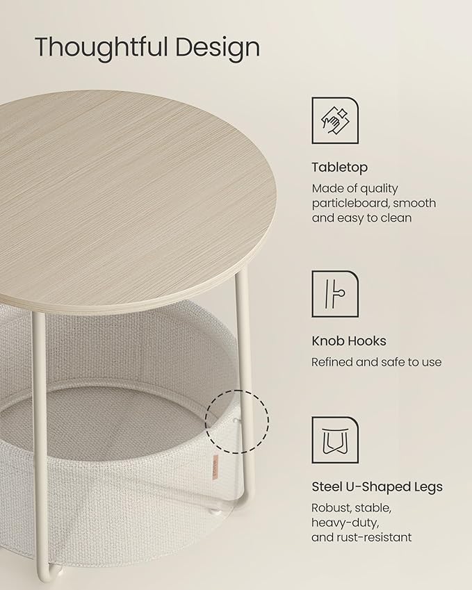 VASAGLE Small Round Side End Table, Modern Nightstand with Fabric Basket, Cream White ULET223K67