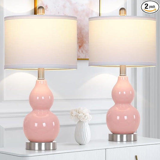 22" Double Gourd Ceramic Table Lamps Set of 2, Pink Modern Bedside Lamps for Living Room, Contemporary Nightstand Desk Lamps for Bedroom End Table Home Office Decor(2 LED Bulbs Included)