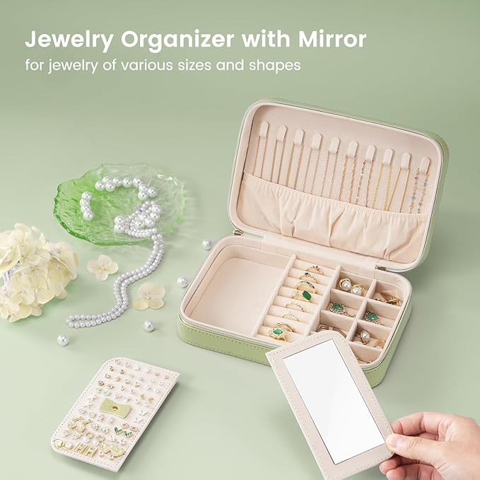 Lolalet Travel Jewelry Case for Women, Travel Jewelry Organizer Box with Mirror & Clear Storage Bag, Small Portable Traveling Earring Necklace Bracelet Ring Case, Bridesmaid Gifts -Medium, Green