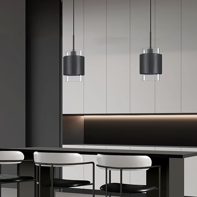 3 Pack 1 Light Hanging Kitchen Island Pendant Light 5.52" Drum Clear Glass Shade Indoor Pendant Ceiling Light Fixturess,Dark Gray Finish Modern Farmhouse Dinning Over Sink